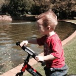 toddler on balance bike next to water