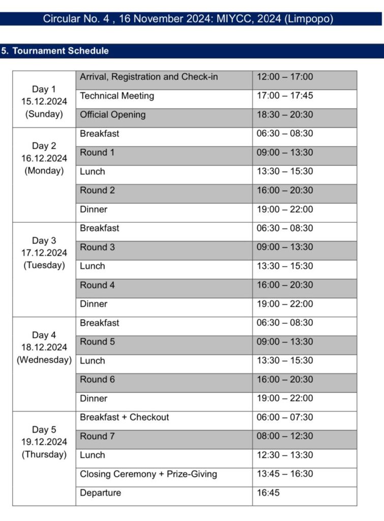 schedule of the chess tournament in Limpopo